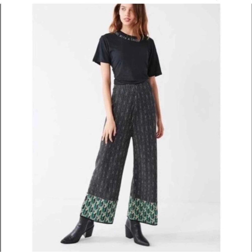 Urban Outfitters Black Wide-Leg Pants with Green Patterned Cuff
